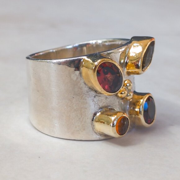 Michou Sterling & 22k Vermeil Wide-Band Ring w / Garnet, Citrine & Amber - Picture 6 of 13